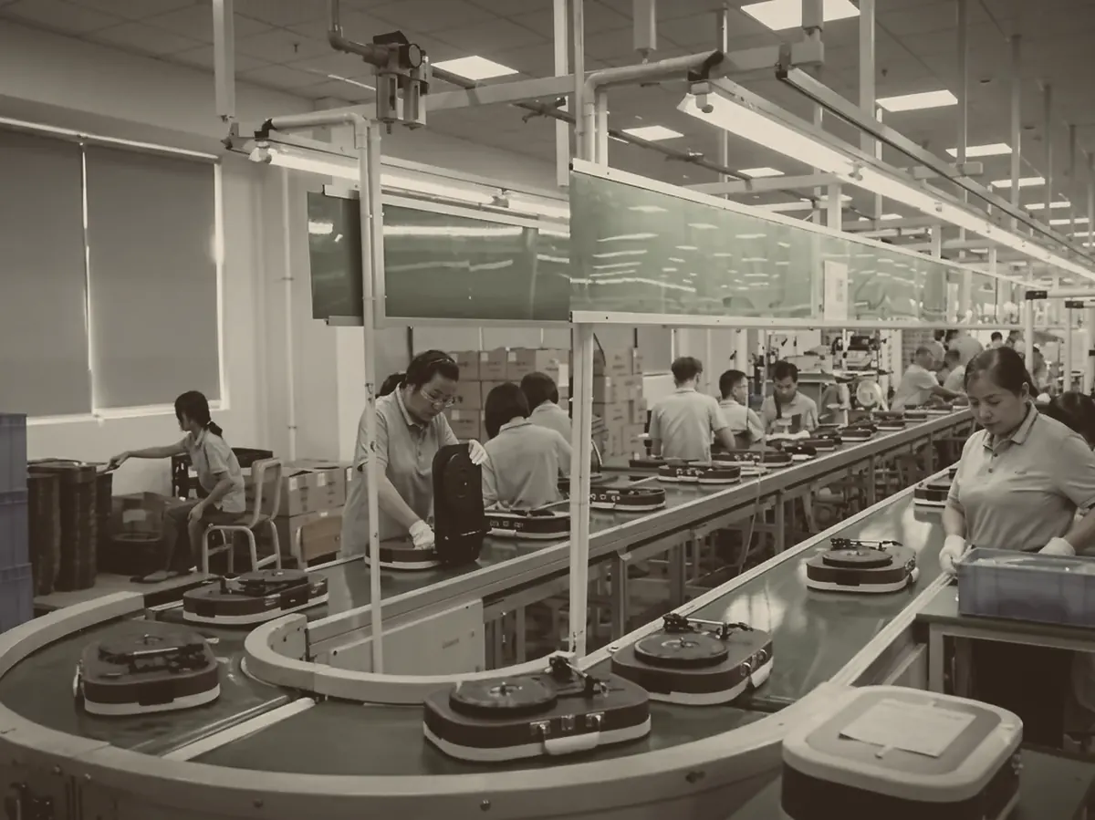 Turntables on a Yiertek assembly line, with workers at the belt